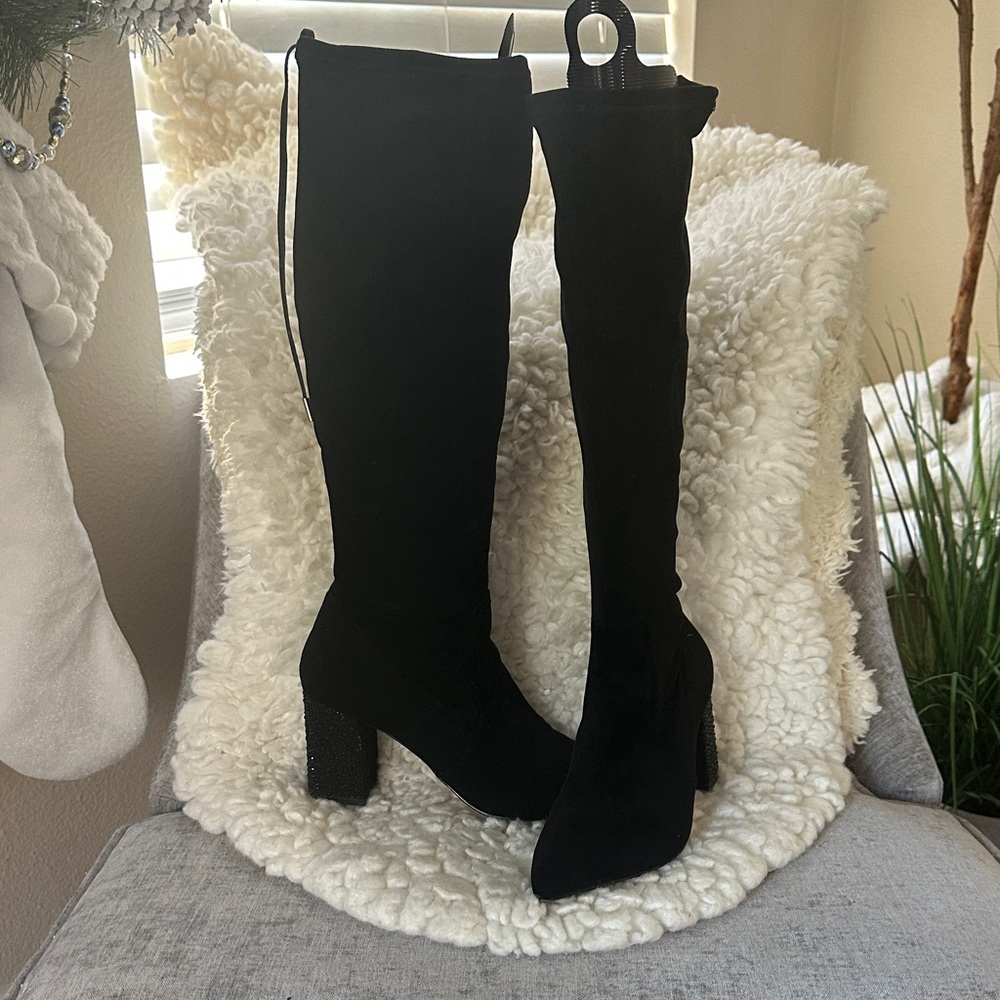 Jewel Badgley Mischka - Black Suede with Black Rhinestone Heeled Boots